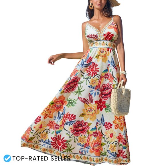 Floral Maxi Dress V-Neck Sleeveless Spaghetti Strap Boho Chic Summer Vacation